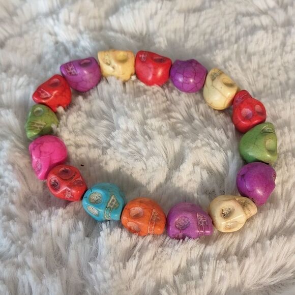 Colorful Stone Skull Stretch Bracelet - Picture 2 of 5